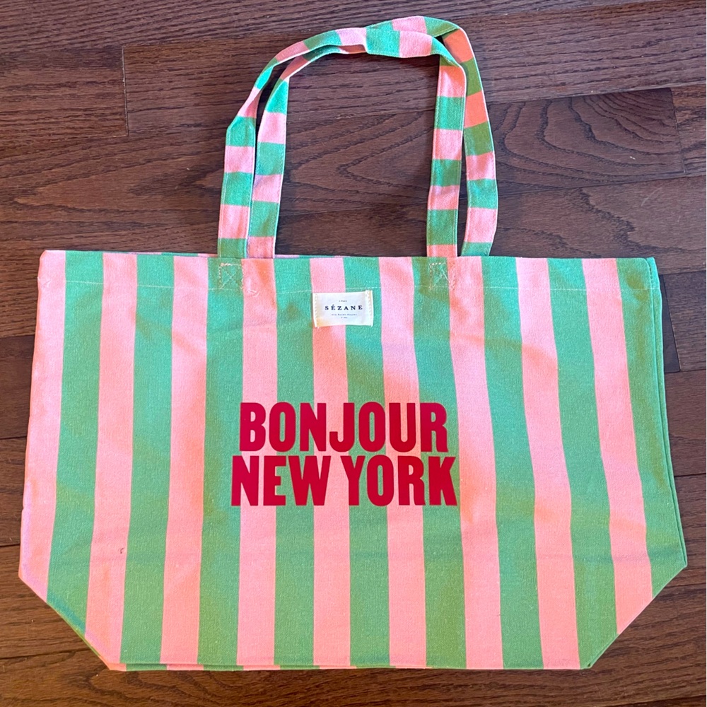 Sezane Pink and Green Striped Tote Bag. Bonjour New York.